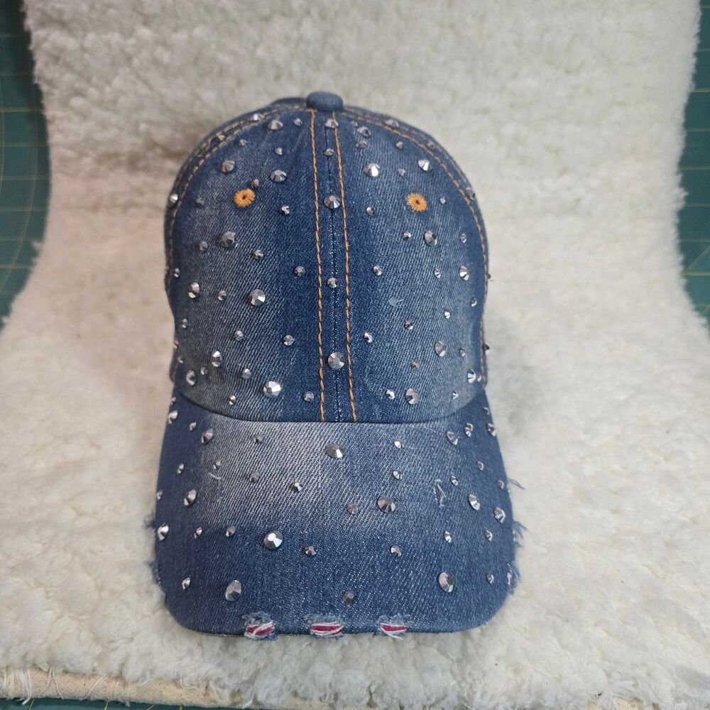 DAVID and YOUNG Distressed Denim Baseball Cap Rhinestone Studded Adjustable Hat